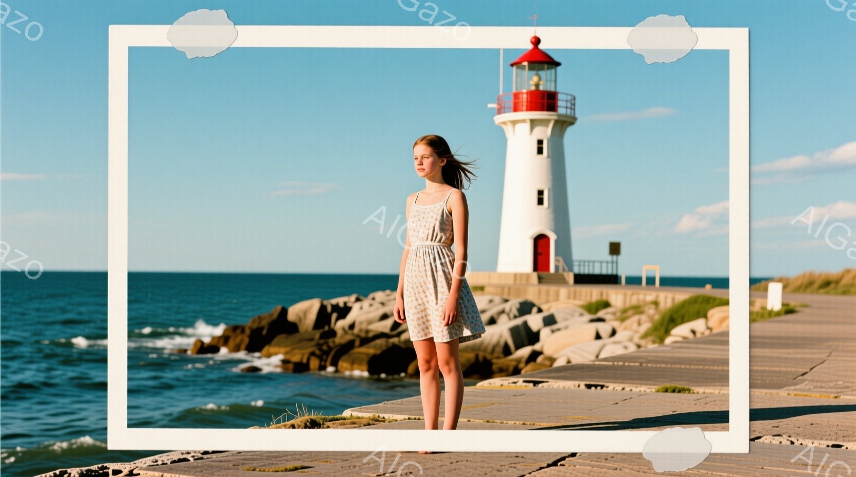 薄いピンク色の花柄のワンピースを着た少女が、石造りの防波堤の上に立っている。彼女は少しうつむき加減で、風になびく髪が印象的だ。背景には白と赤の灯台が海の上に聳え立ち、晴天の下、穏やかな海と緑の草地が広がっている。