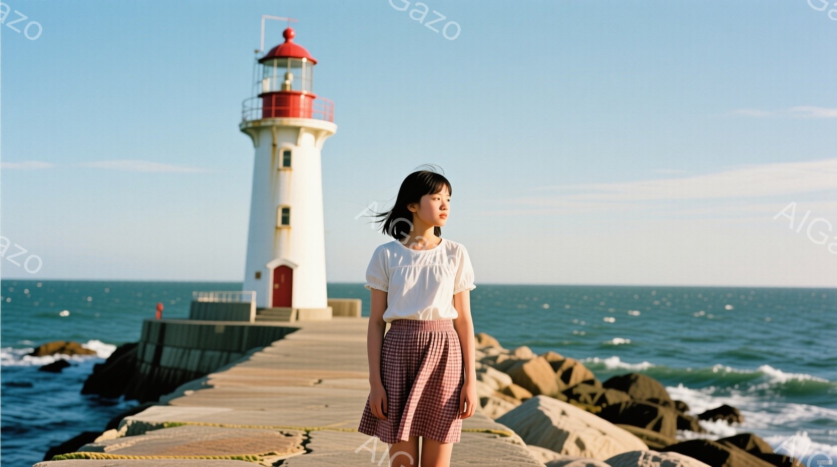 白い灯台が背景にそびえ立ち、海に続く石畳の道を若い女性が立っている。彼女は白いブラウスとチェック柄のスカートを身につけ、髪は風になびいている。穏やかな表情で遠くを見つめ、海と空の青さが広がる静かで穏や - AI生成フリー素材
