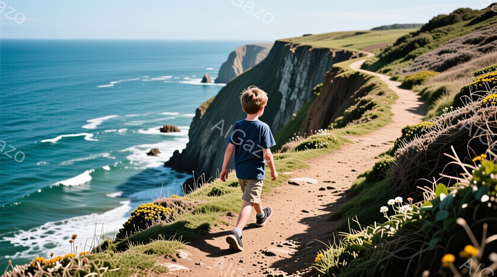 少年は、海岸沿いの曲がりくねった小道を進んでおり、青いTシャツと短パン姿で、後ろ姿しか見えません。背景には、荒々しい岩場の海岸線と白い波が広がり、緑の草花が咲き乱れる道端は明るい日差しに照らされています。全体的に、自然に囲まれた穏やかで開放的な雰囲気が漂っています。