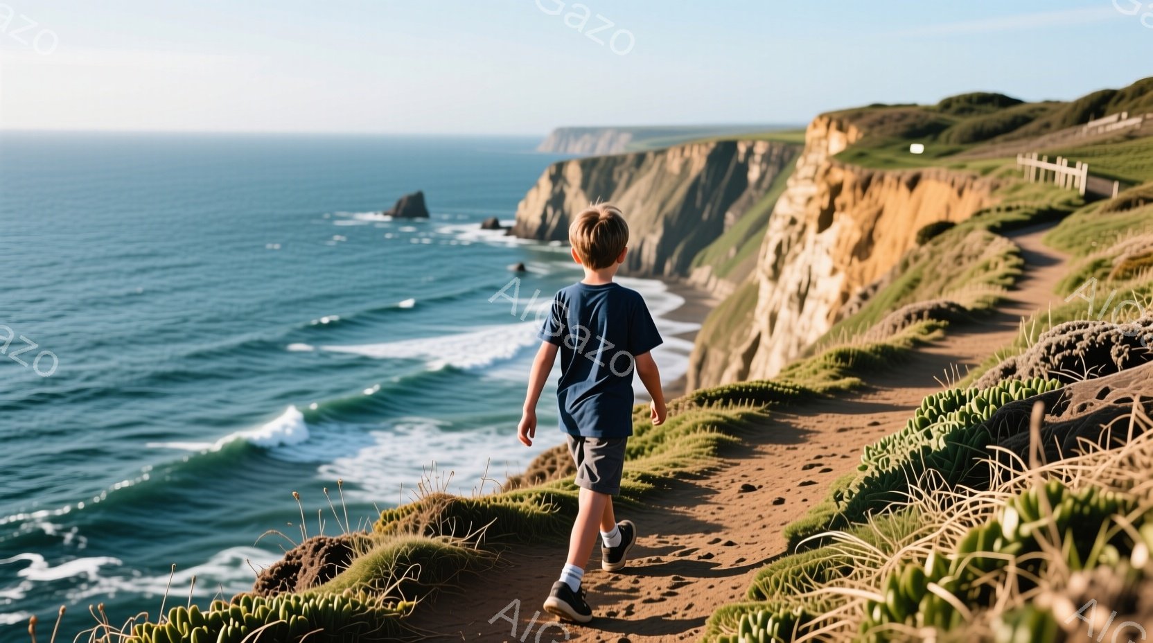 青いTシャツと短パンを着た少年が、崖の遊歩道を歩いている。背景には、波が打ち寄せる海岸線と、遠くに見える岩場が広がり、晴天の下、穏やかながらも力強い自然の風景が広がっている。緑豊かな崖と遊歩道が、少年の冒険心を掻き立てるような、希望に満ちた雰囲気を醸し出している。