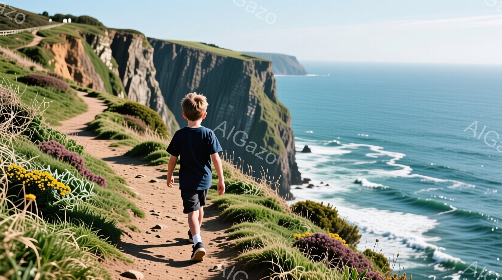赤毛の少年が、切り立った崖に沿って続く土道の上を歩いている。少年は青いTシャツと黒い短パンを着ており、後ろ姿からは活発な印象を受ける。背景には、エメラルドグリーンの海と白い波が広がり、崖には緑豊かな草花が生い茂り、晴れた空の下、爽やかな海風が感じられる。