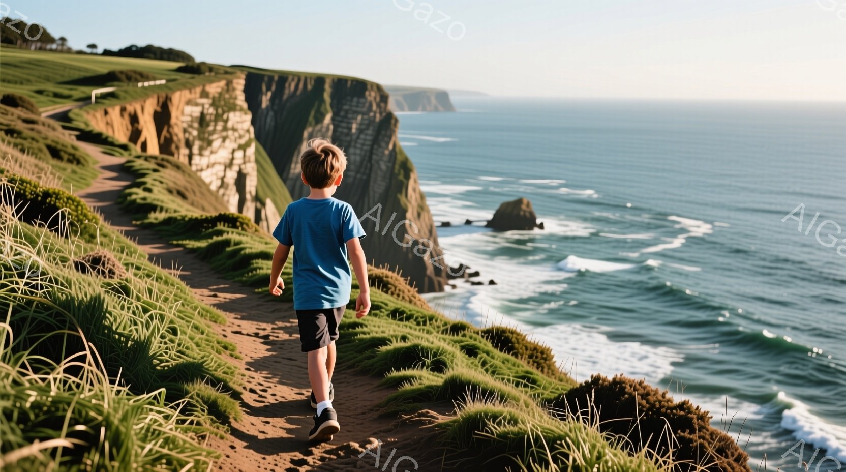 青いTシャツと黒い短パンを着た少年が、緑豊かな崖の遊歩道を歩いている。彼の後ろには、荒々しい海と岩場、そして遠くの海岸線が広がり、晴れた空の下、穏やかで自然豊かな雰囲気が漂っている。少年は背中を向けており、どこへ向かっているのか、あるいは何を見ているのかは分からないが、自由な冒険心を掻き立てられるような情景だ。