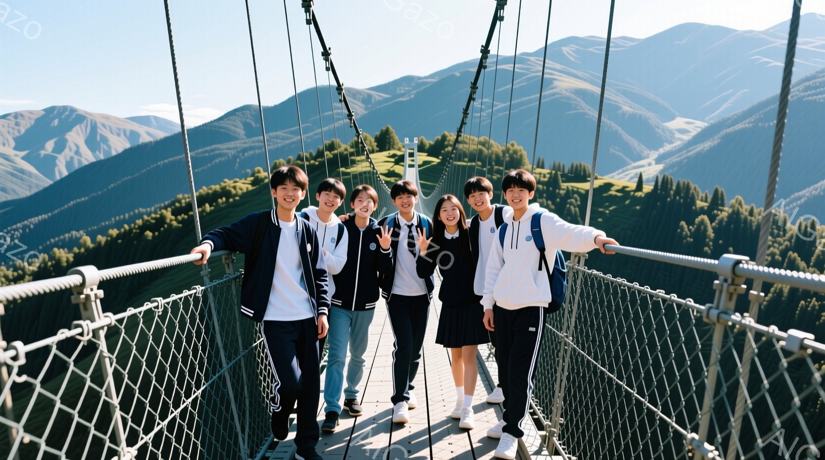 若者グループが吊り橋の上を歩いており、皆、制服のような紺色のジャケットと白いシャツを着ています。彼らは皆笑顔で、カメラに向かって手を振ったり、ポーズをとったりしています。背景には緑豊かな山々が広がり、 - AI生成フリー素材