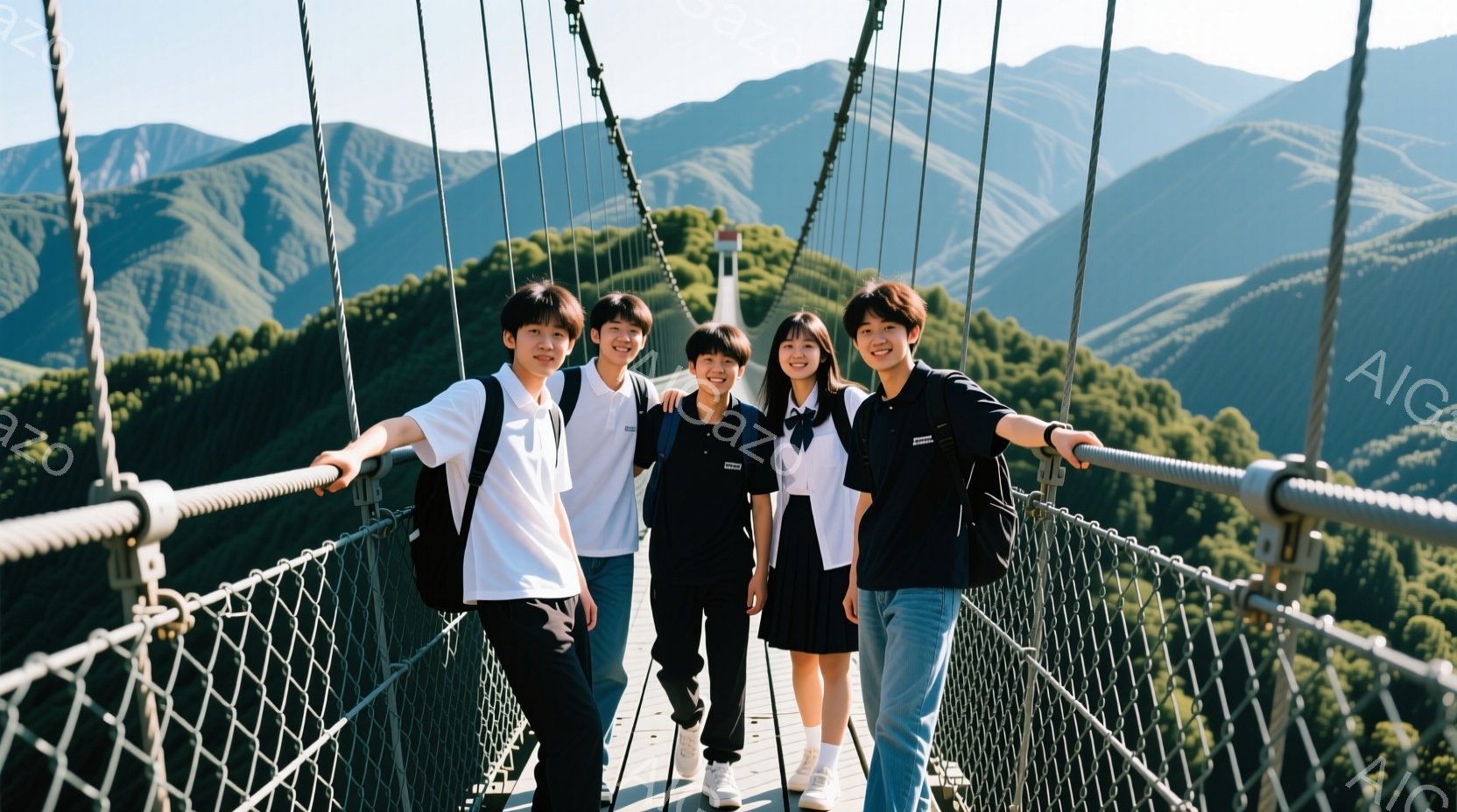 橋の上で四人の学生が写っており、皆制服を着ています。男子生徒は白いシャツに黒いズボン、女子生徒は黒いスカートとブラウスを着ています。背景には緑豊かな山々が広がり、晴天の下、爽やかな雰囲気が漂っています。