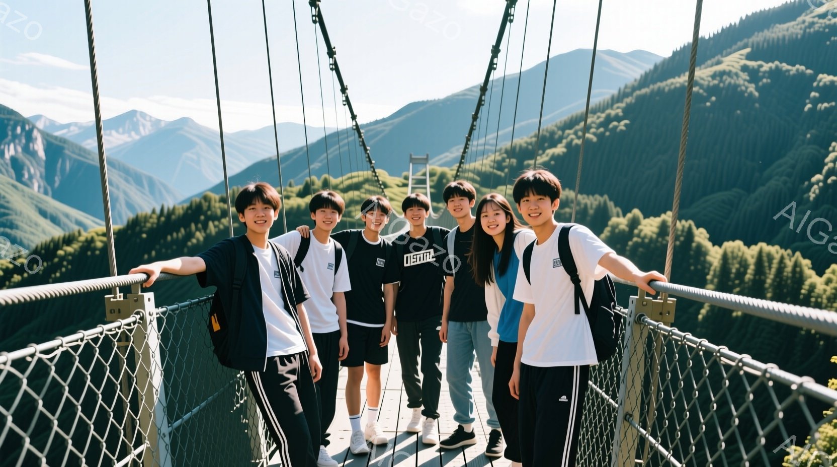 吊り橋の上で、5人の若者が並んで立っています。彼らは皆、白いTシャツと黒いズボンまたは短パンを着用し、肩にリュックサックを背負っています。背景には緑豊かな山々が広がり、晴天の下、爽やかな雰囲気が漂って - AI生成フリー素材