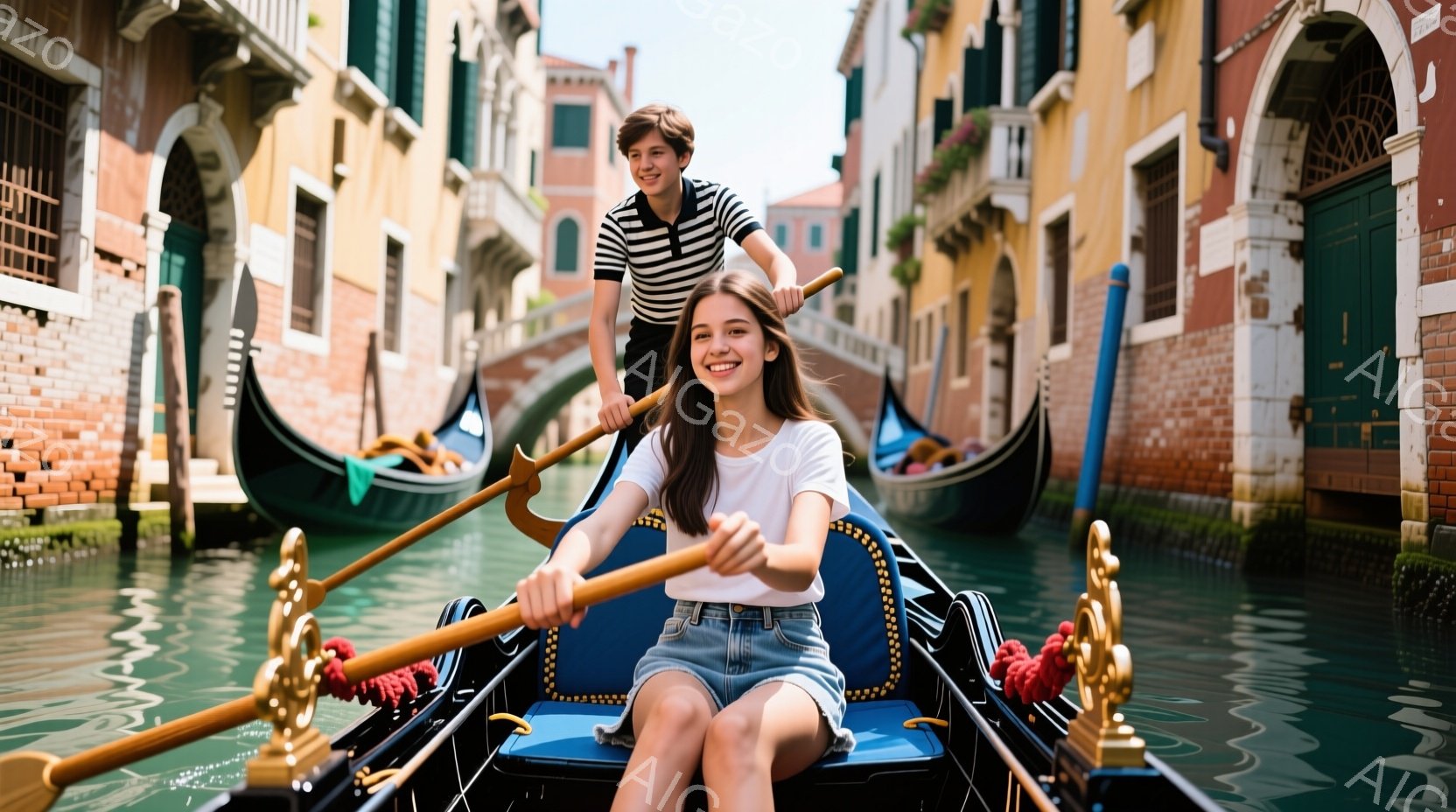 ゴンドラに乗った二人の若い女性が写っています。手前の女性は白いTシャツとデニムのショートパンツを着て、ゴンドラのオールを握り、微笑んでいます。背景には、カラフルな建物が並ぶベネチアの運河が広がり、晴天の下、穏やかな雰囲気が漂っています。