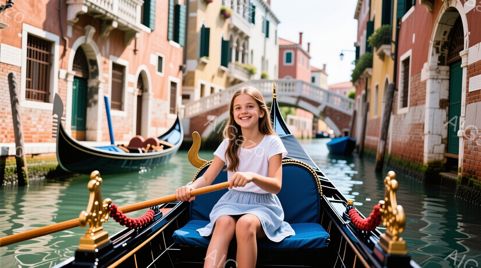 ゴンドラに座った少女が写っている。彼女は白いワンピースを着て、髪を後ろで一つにまとめている。背景にはヴェネツィアのカラフルな建物が並び、水面には太陽光が反射して明るい雰囲気である。