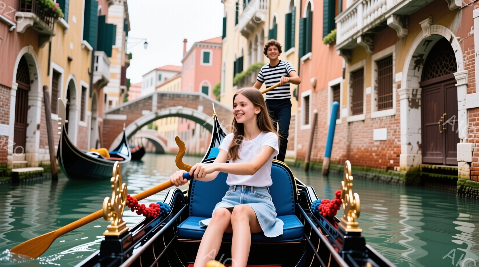 ゴンドラに乗った若い女性が、楽しそうにオールを漕いでいる。彼女は白いTシャツとデニムのスカートを着用し、髪は後ろで結んでいる。背景にはカラフルな建物が立ち並び、水路には他のゴンドラが見え、晴れた空の下、ヴェネツィアの活気ある雰囲気が感じられる。