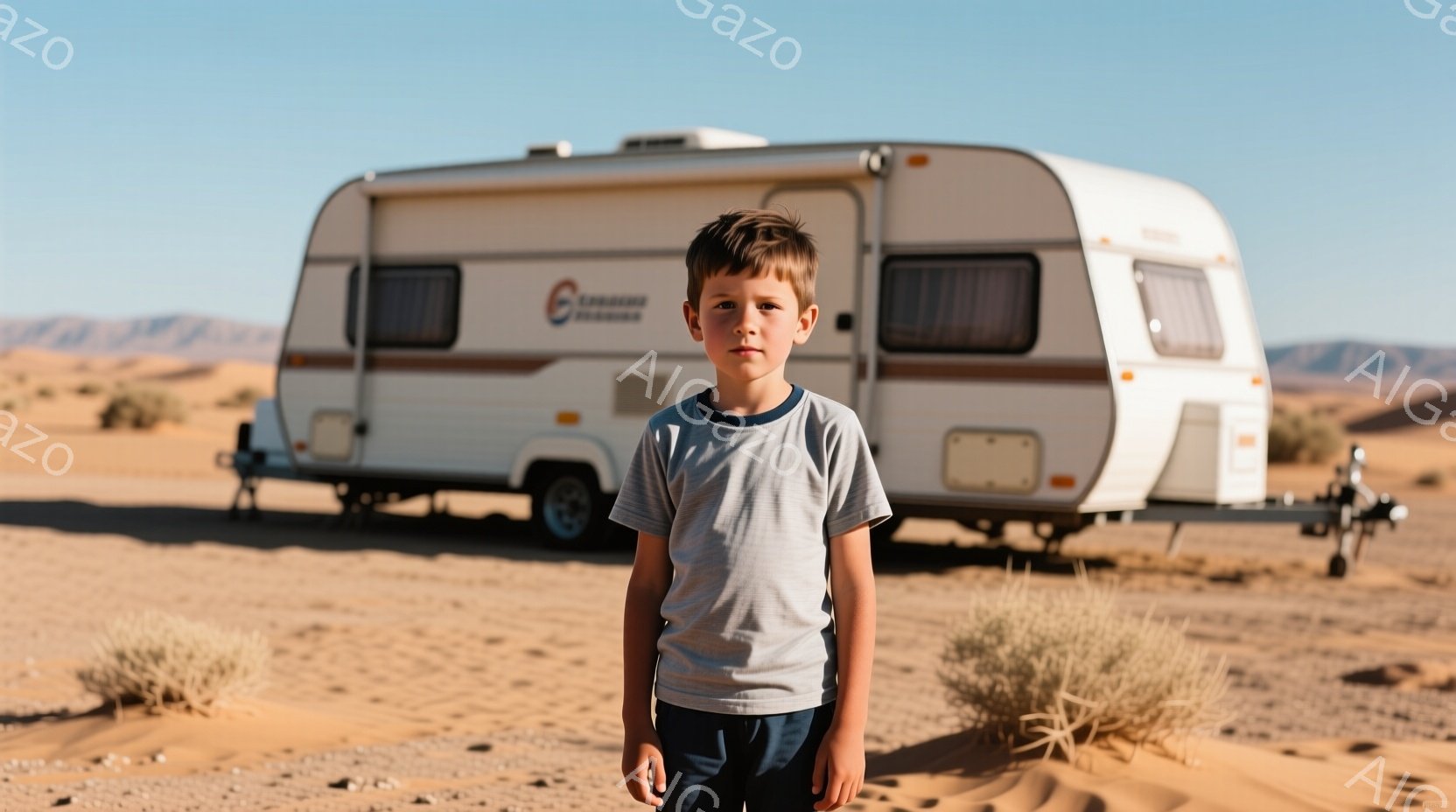 少年は、灰色のストライプが入ったTシャツと紺色のズボンを着用し、少し緊張した表情でカメラを見つめています。背景には、砂漠のような荒野に置かれた白いキャンピングトレーラーがあり、遠くには山々が見えます。全体的に、乾燥した暖かい天候の中で、少年が冒険の準備をしているような雰囲気が漂っています。