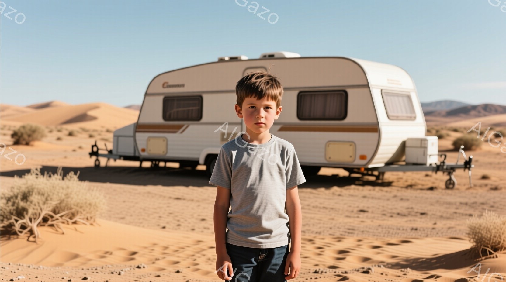 茶髪の少年が、灰色のTシャツと濃い青色の短いズボンを身につけて、砂漠のような背景の前で立っている。少年の表情はやや真剣で、まっすぐ正面を見つめている。背景には白いトレーラーが写り、乾燥した茶色の土地と遠くに見える丘が広がり、晴天で乾燥した砂漠の雰囲気を醸し出している。