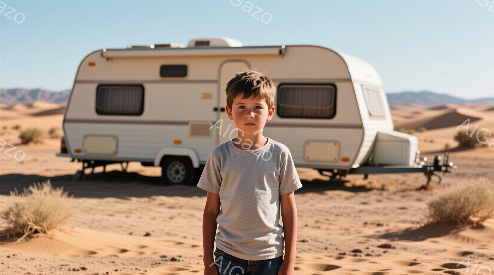 茶髪の少年が、砂漠のような荒野を背景に立っている。彼は灰色のTシャツとジーンズを着ており、やや真剣な表情をしている。背景には白いトレーラーが写り、遠くには霞んだ山々が見え、晴れた空の下、乾燥した風景が広がっている。