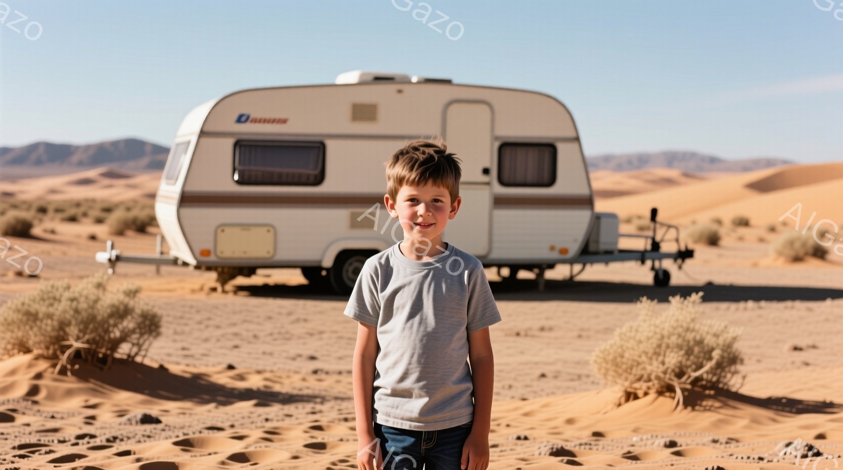 少年は灰色のTシャツとジーンズを着用し、少し微笑んでいます。彼は砂漠のような背景の前に立っており、後ろには白いトレーラーが写っています。周囲は乾燥した風景で、日差しが強く、夏の暑い日であることがわかります。