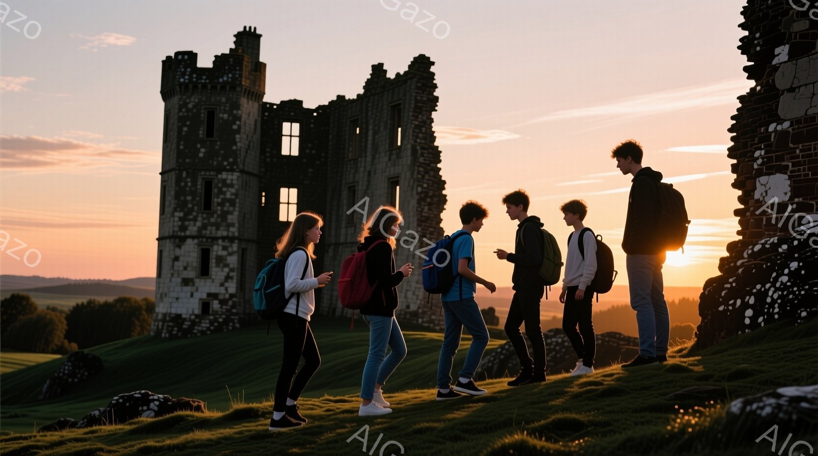 丘の上を、リュックを背負った5人の若者が歩いている。彼らはカジュアルな服装で、ジーンズやTシャツを着ており、髪型もそれぞれ異なっている。背景には石造りの廃墟のような建物と緑の丘が広がり、夕焼け空が暖かく、穏やかな雰囲気を醸し出している。