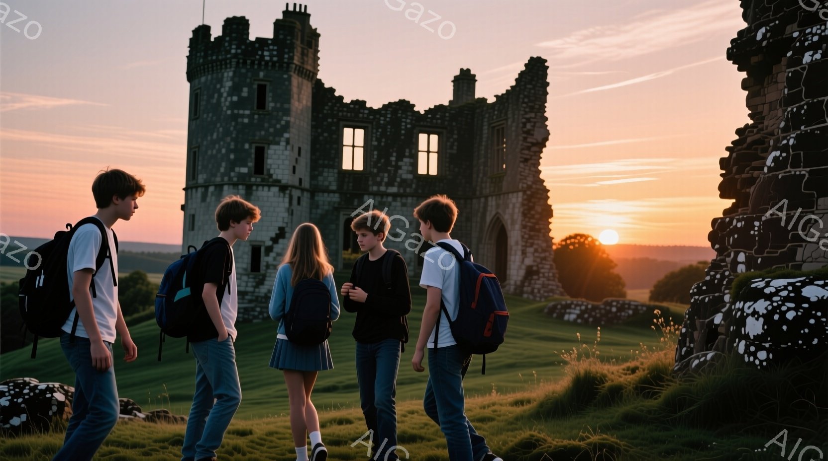 5人の若者が緑豊かな丘の上に立っており、それぞれリュックサックを背負っています。彼らはカジュアルな服装で、Tシャツやジーンズ、スカートを着ており、真剣な表情で互いに向かい合って立っています。背景には、 - AI生成フリー素材