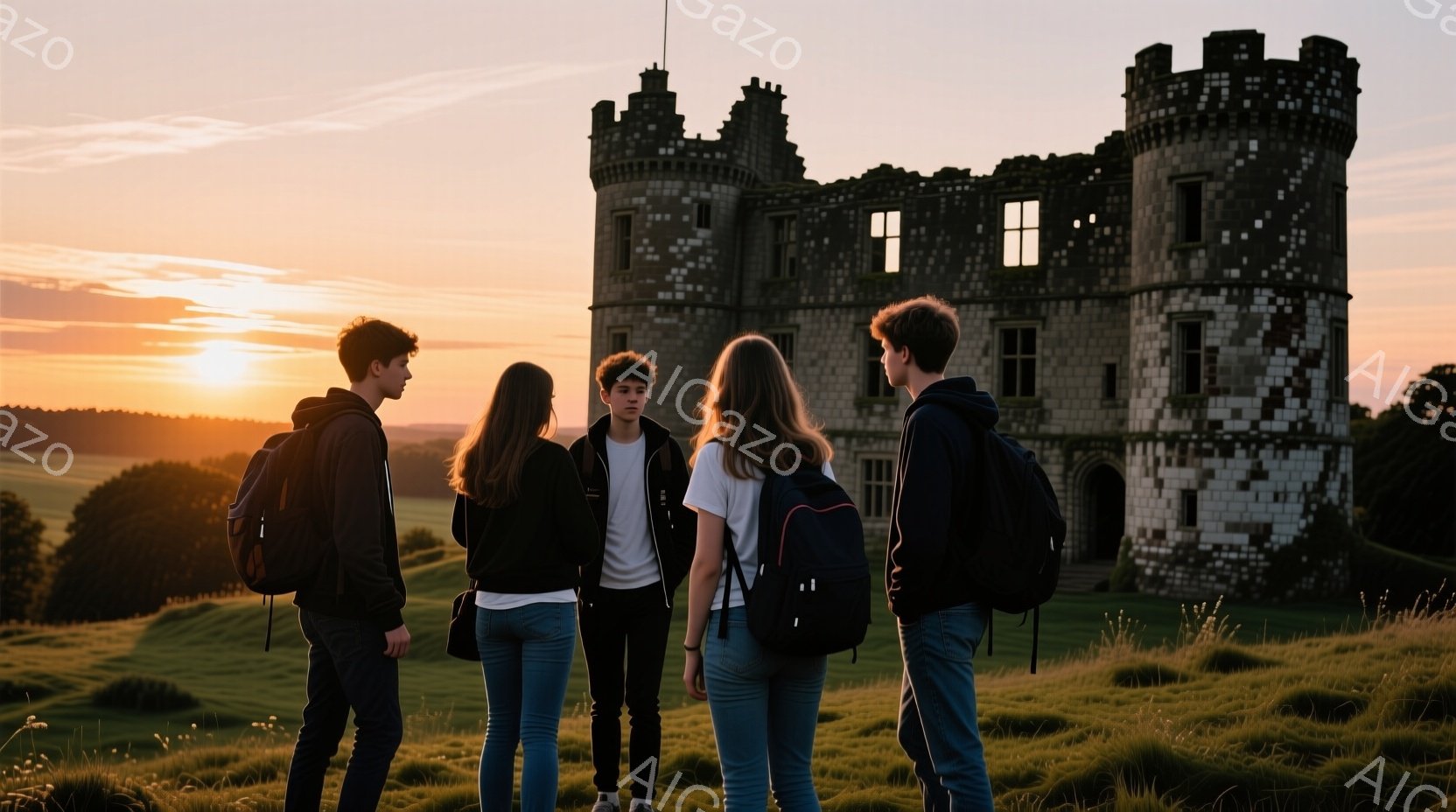 四人の若者が丘の上に立っており、それぞれリュックサックを背負っている。彼らは皆、ジーンズと黒または白いトップスを着ており、後ろを向いて何かを見ているようだ。背景には、夕焼けに照らされた古い石造りの城があり、周囲は緑豊かな丘陵地帯が広がっている。