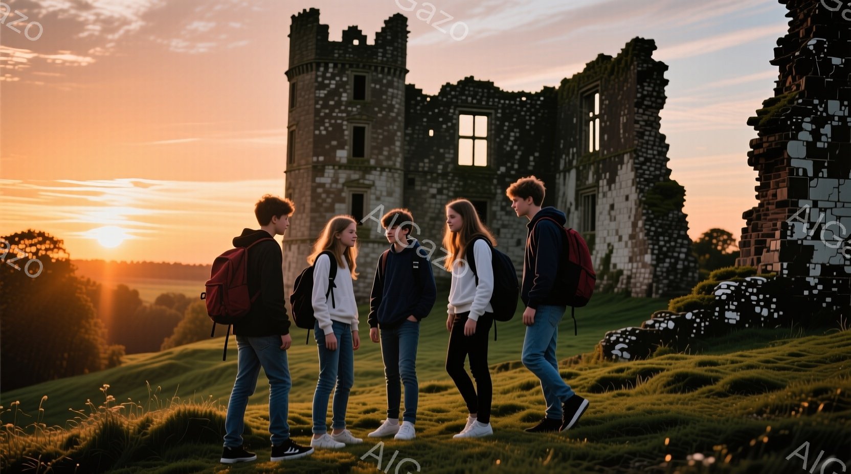 丘の上に立つ、リュックサックを背負った5人の若者が写っている。彼らはカジュアルな服装で、ジーンズやスウェットシャツを着ており、それぞれ少しずつ異なる髪型をしている。背景には、夕焼け空の下、緑の丘と古城の廃墟が広がり、穏やかで少しノスタルジックな雰囲気を醸し出している。