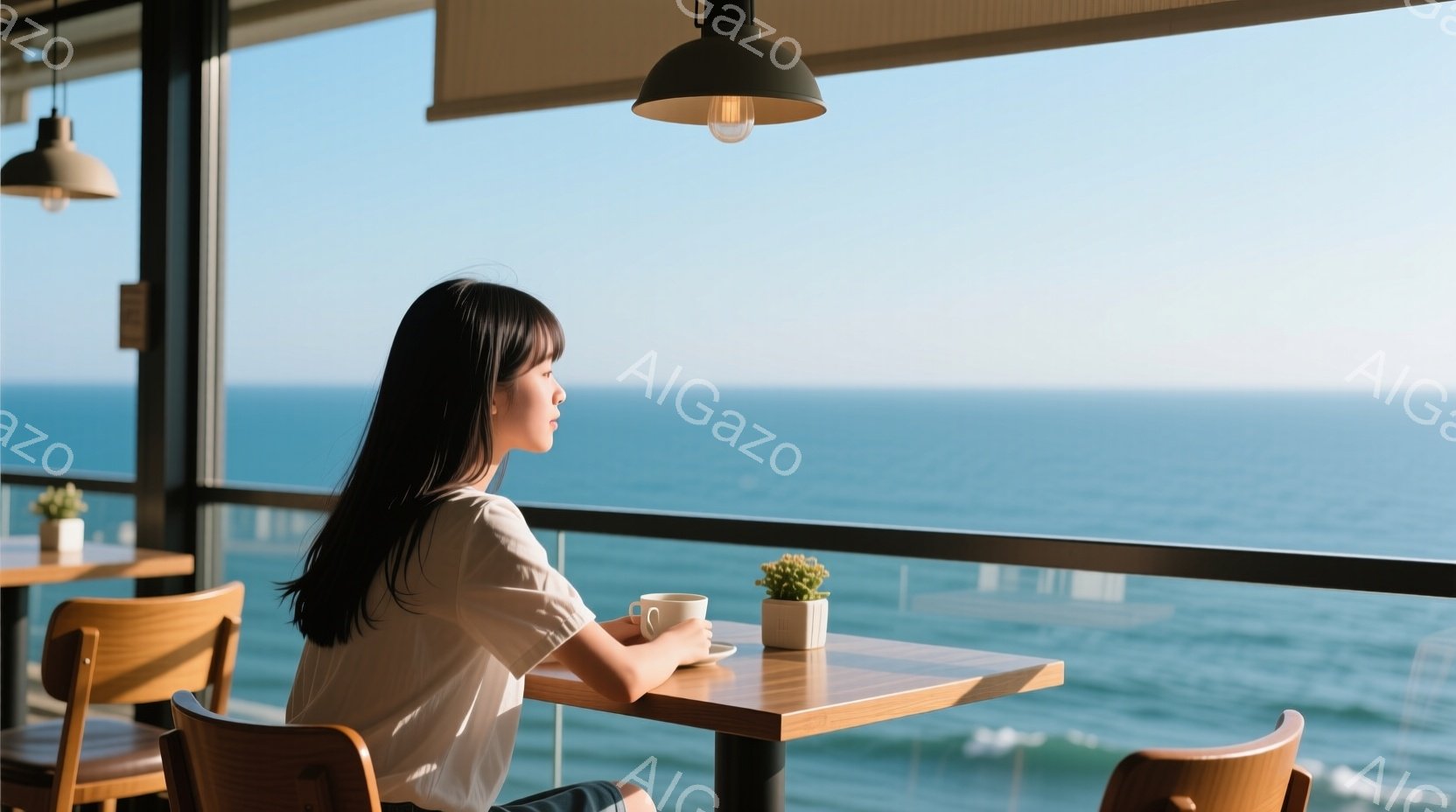 長い黒髪の女性が、海を見下ろせるカフェの窓際の席に座っています。白いTシャツを着ており、リラックスした様子でマグカップを手にしています。窓の外には青い海が広がり、穏やかな晴天で、全体的に静かで落ち着いた雰囲気が漂っています。