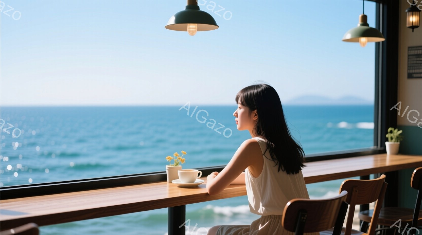 黒髪の女性が窓際の席に座り、海を眺めている。白いタンクトップとスカートを身に着け、リラックスした表情で、穏やかな時間が流れている様子が伺える。窓の外には青い海が広がり、日差しが差し込み、カフェの木製のテーブルと椅子が温かい雰囲気を醸し出している。