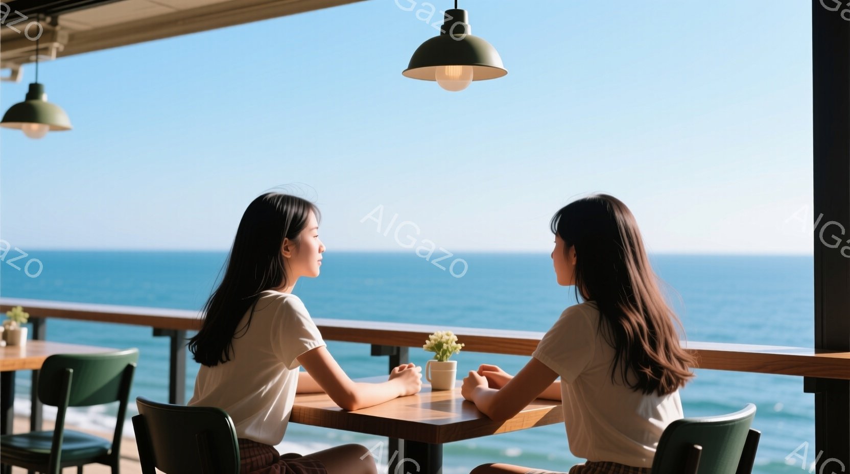 二人の女性が屋外のカフェで向かい合って座っており、白いTシャツと柄物のショートパンツを着用しています。長い黒髪はストレートで、顔ははっきりとは見えませんが、リラックスした雰囲気で会話を楽しんでいるようです。背景には青い海と空が広がり、晴れた日の穏やかな午後のような雰囲気です。