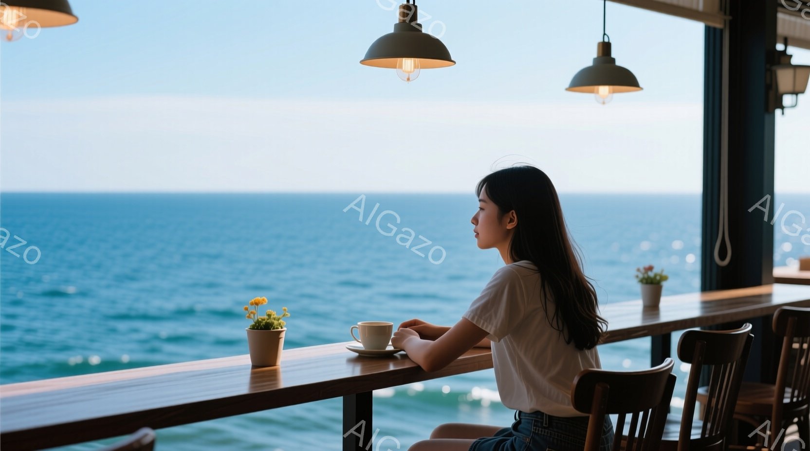 長い黒髪の女性が、海を望むカウンター席に座っています。白いTシャツとデニムの短パンを着ており、リラックスした姿勢でコーヒーカップの前に腕を組んでいます。背景には青い海が広がり、木製のカウンターの上には小さな花瓶が飾られており、穏やかで静かな雰囲気が漂っています。