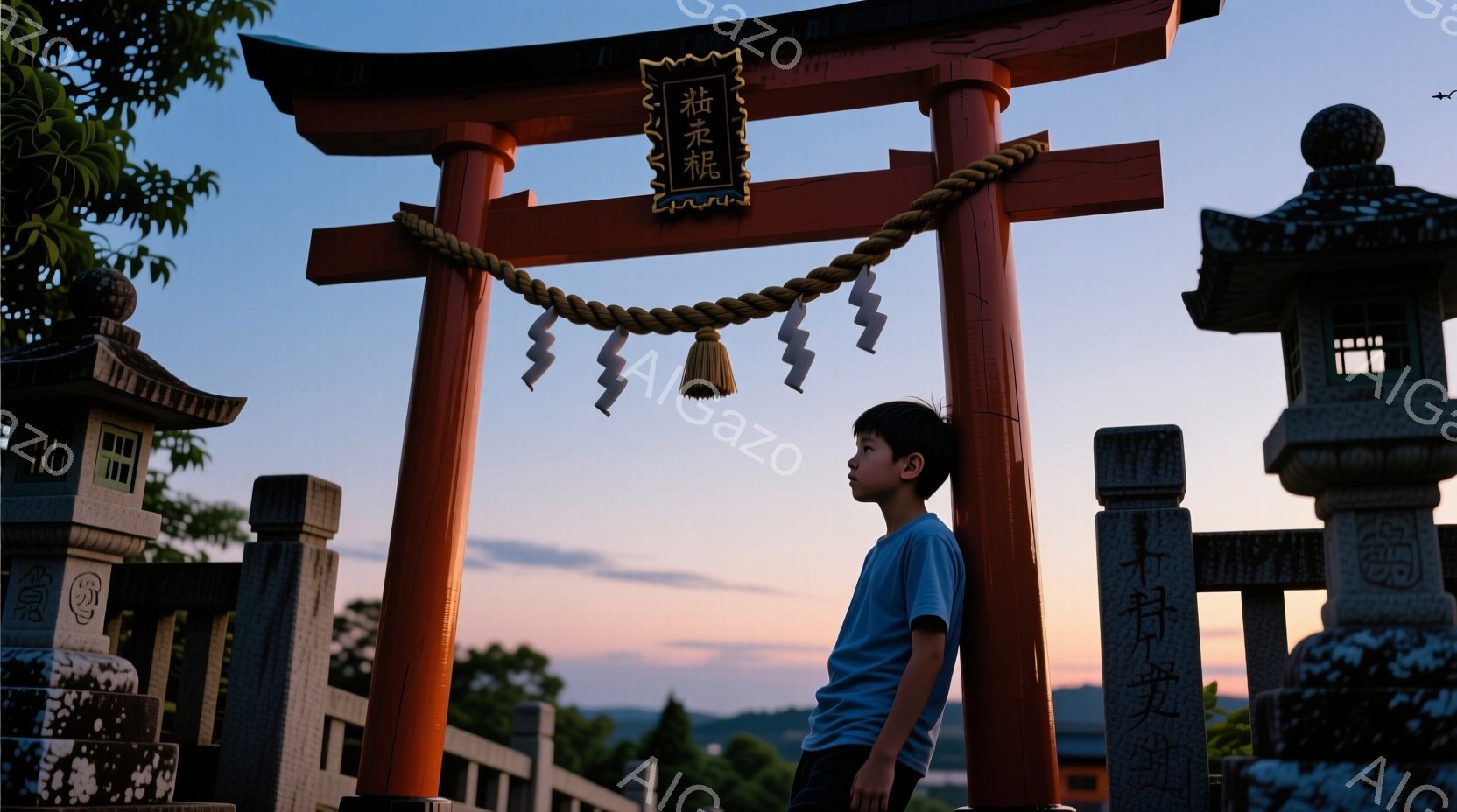 見上げるように赤い鳥居の下に立つ少年は、水色のTシャツを着ており、短く整えられた黒髪が特徴的です。少年はやや横を向き、遠くを見つめるような表情をしています。背景には、石灯籠や緑豊かな木々、そして夕焼け - AI生成フリー素材