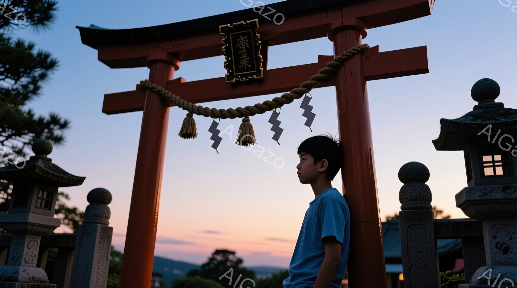 夕暮れ時の神社で、少年が朱色の鳥居のそばに立っている。少年は青いTシャツを着ており、短髪で横を向いているため表情ははっきりと見えないが、どこか物思いにふけっているようにも見える。背景には石灯籠や木々が - AI生成フリー素材