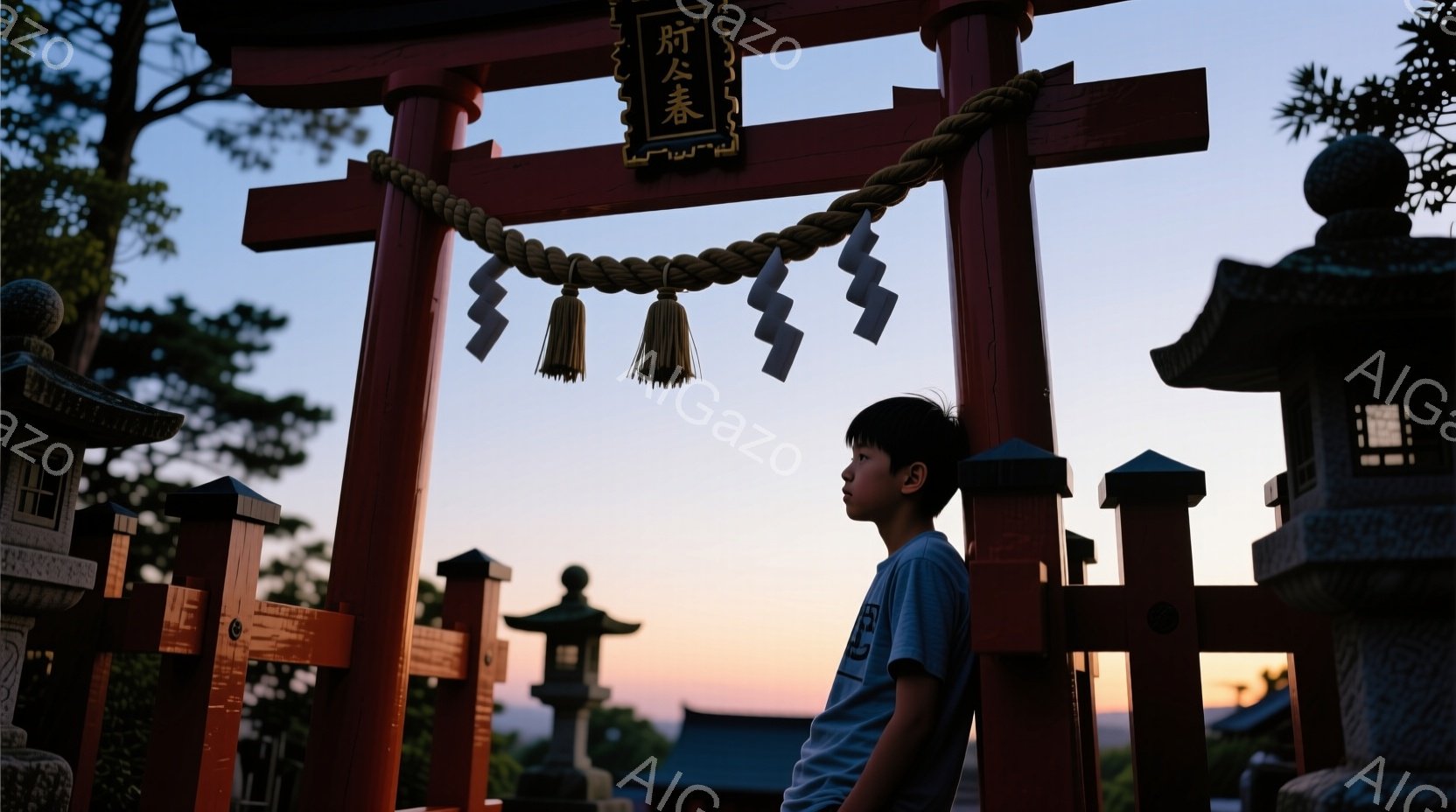 若い少年が、朱色の鳥居のそばに立っている。彼は青いTシャツを着ており、短髪で、少し上を見ている。背景には石灯籠が並び、空は夕焼けのオレンジ色で、神聖な雰囲気を醸し出している。