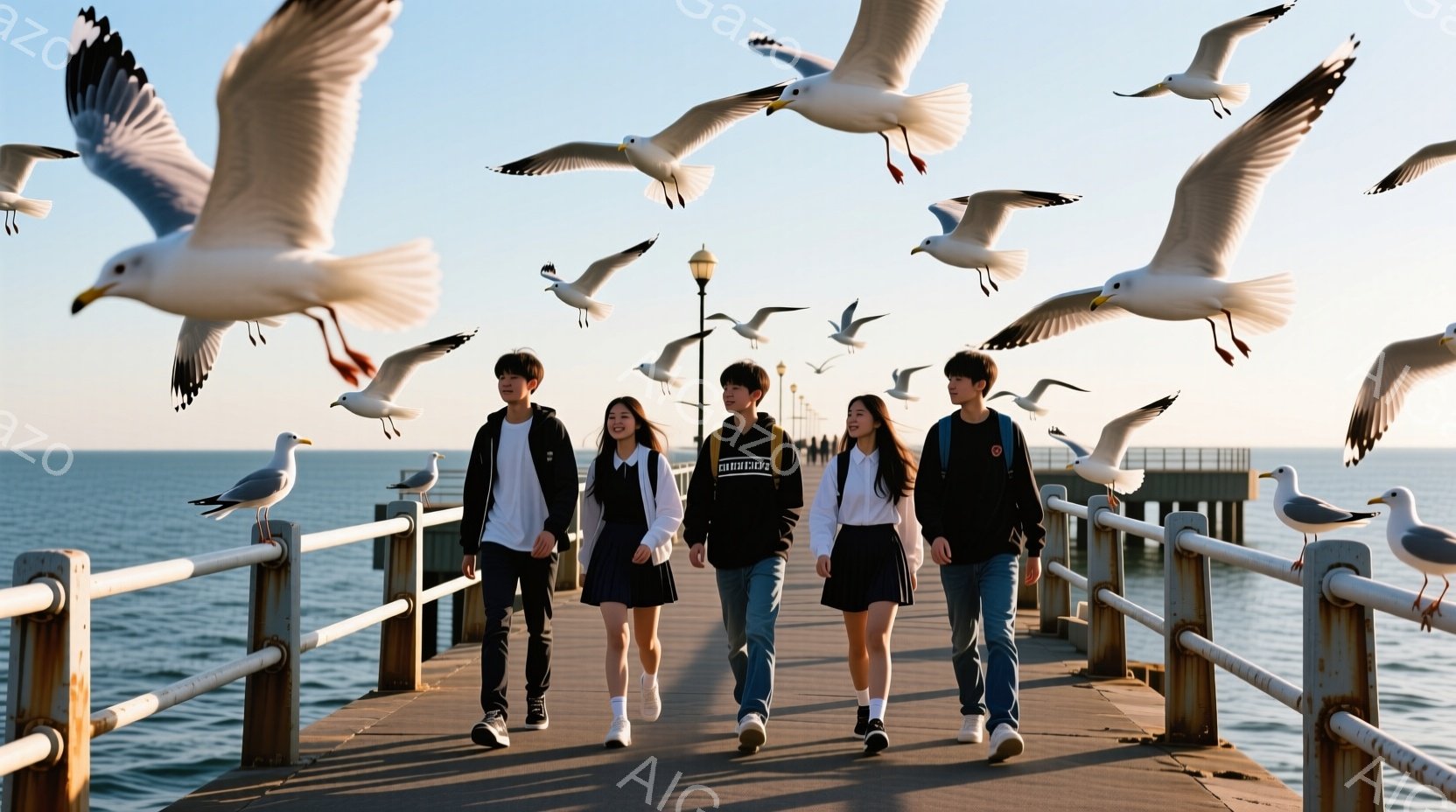 桟橋を歩く若い男女５人が写っています。制服姿で、黒いジャケットとスカート、またはジーンズを履いており、カジュアルながらもどこか制服らしさが残っています。背景には穏やかな海が広がり、カモメが多数舞い上がっていて、爽やかで開放的な雰囲気が漂っています。