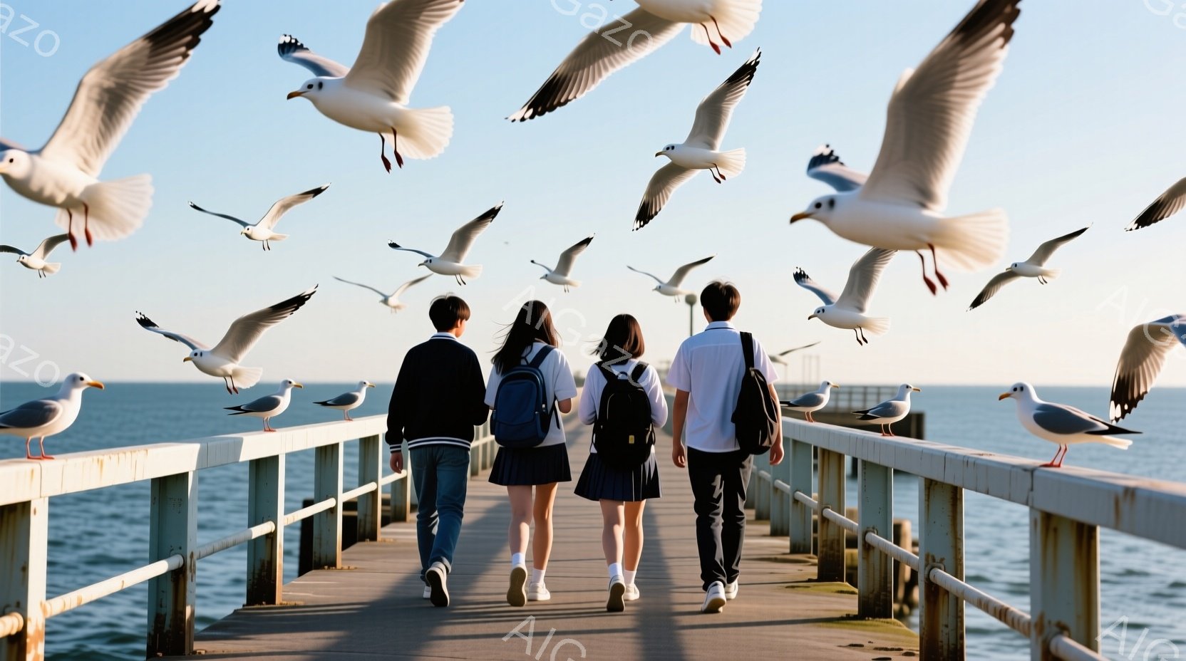 三人の学生が桟橋を歩いている様子が写っている。彼らは皆、リュックサックを背負い、制服姿で、後ろ姿のみが見える。背景には青い海と空が広がり、多数のカモメが飛び交い、晴れた日の穏やかな雰囲気を醸し出している。