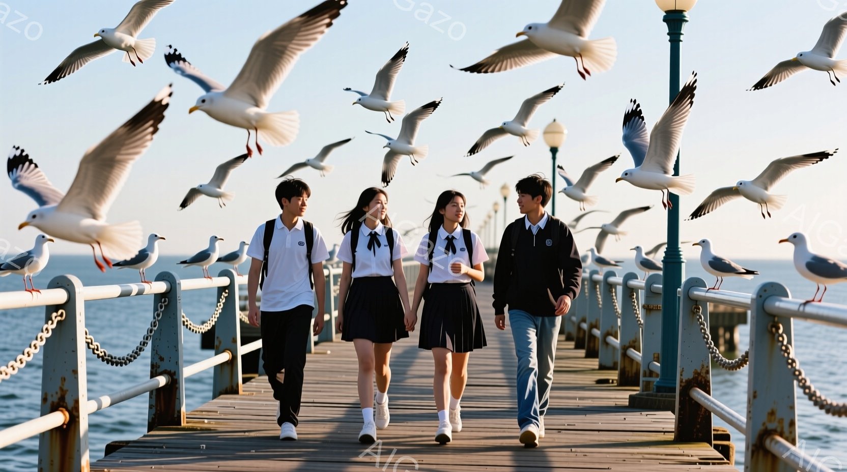 桟橋を歩く若い男女3人が写っています。彼らは皆、制服のような服装をしており、女性は紺色のスカートに白いシャツ、男性は白いシャツに黒いジャケットを着用しています。背景には、青い海と空、そして舞い上がるカ - AI生成フリー素材