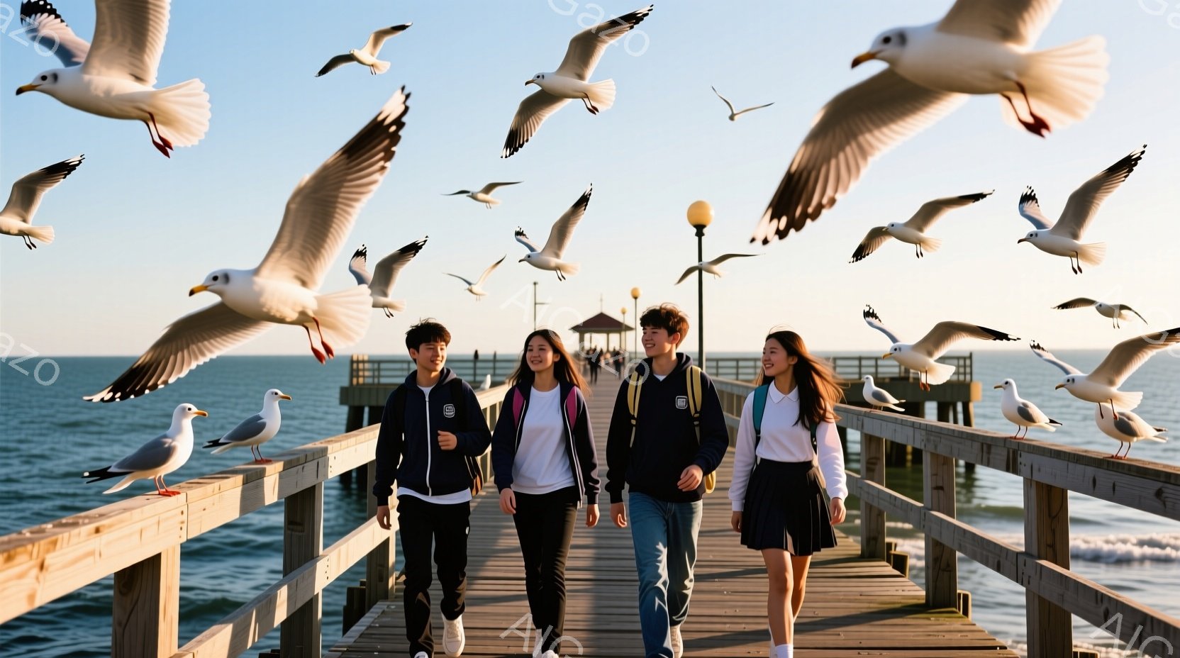 桟橋を四人の若者が歩いている様子が写っている。彼らは皆、紺色のジャケットに白いシャツを着ており、カジュアルな服装だ。背景には穏やかな海が広がり、空にはカモメが舞っている様子から、晴れた日の穏やかな雰囲気が伝わってくる。