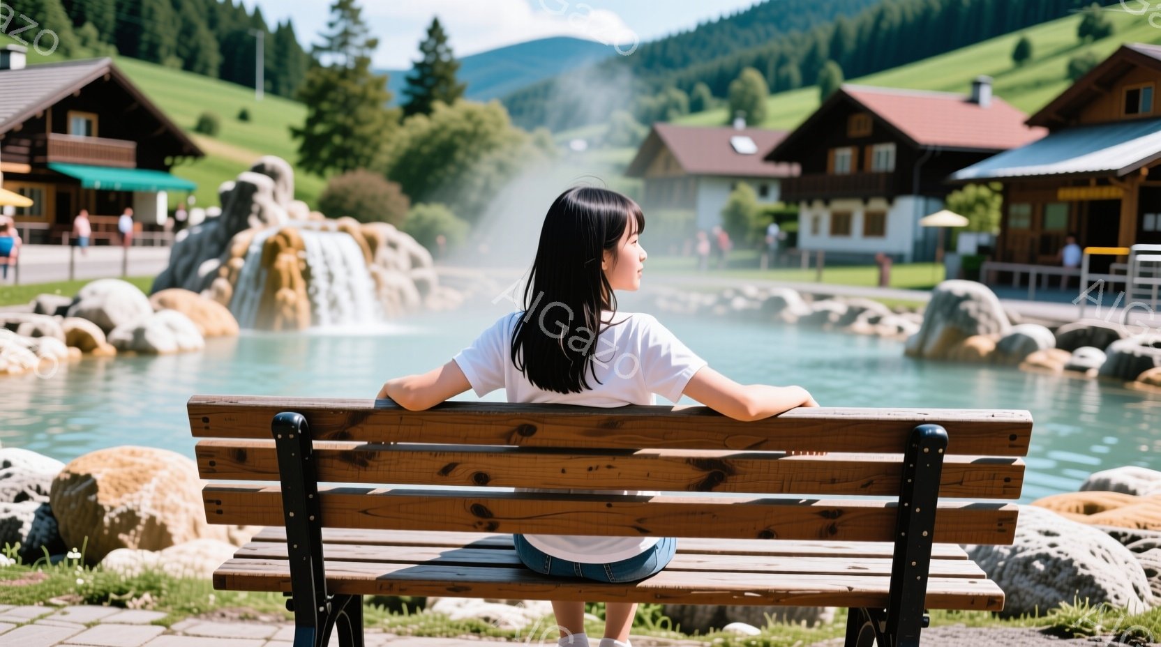 後ろ姿の女性が木製のベンチに座り、青緑色の湖と岩の噴水を見つめている。彼女は白いTシャツとジーンズを身に着け、長くストレートの黒髪は背中に流れている。背景には、木造の建物が並び、緑豊かな山々が広がり、 - AI生成フリー素材