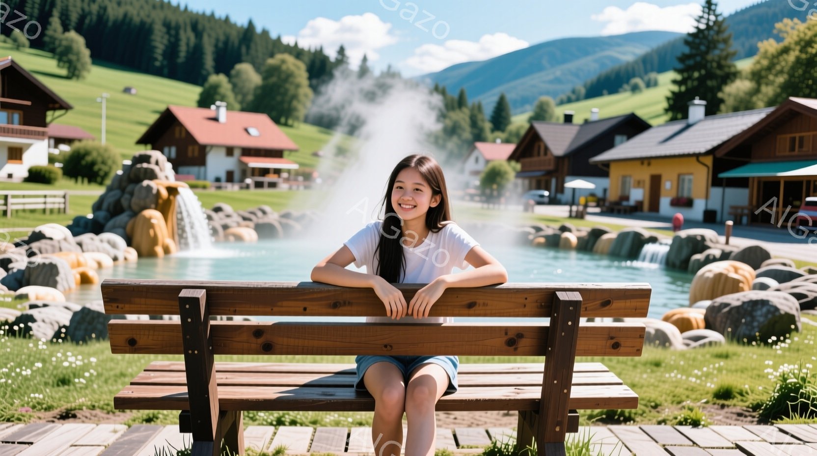 若い女性が木製のベンチに座り、微笑んでいます。白いTシャツと明るい色のショートパンツを着用し、長い黒髪を後ろでまとめています。背景には、水が流れる人工的な小川と、周囲を囲む可愛らしい木造の建物が見え、 - AI生成フリー素材