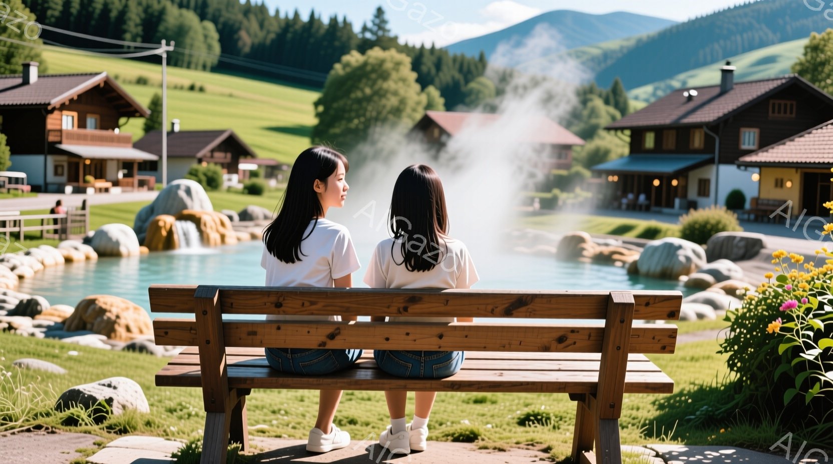 二人の少女が木製のベンチに並んで座っており、背中を見せている。彼女たちは白いTシャツとジーンズ、白いスニーカーを履いている。背景には、ターコイズブルーの池と滝があり、周辺には岩や緑豊かな植物が配置され - AI生成フリー素材