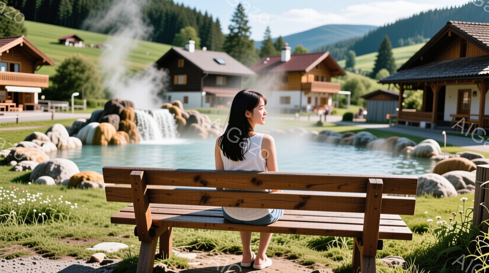長い黒髪を後ろで一つに結んだ女性が、木製のベンチに座って景色を眺めている。彼女は白いタンクトップと短いデニムのショートパンツを身につけ、裸足で、リラックスした姿勢で座っている。背景には、滝と池、そして木造の建物が並び、緑豊かな山々と青空が広がり、穏やかで静かな雰囲気を醸し出している。