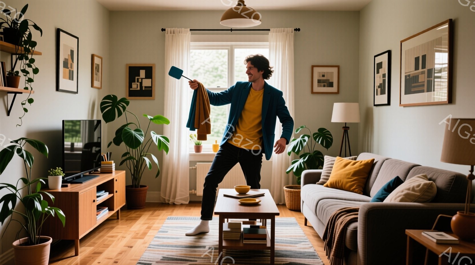 明るいリビングルームで、若い男性がオレンジ色のジャケットを肩にかけ、片足をテーブルに乗せて楽しそうにポーズをとっています。彼は茶色の巻き毛で、笑顔を見せており、部屋には観葉植物や木製の家具が配置され、暖かく穏やかな雰囲気が漂っています。窓から自然光が差し込み、床にはカラフルなラグが敷かれています。