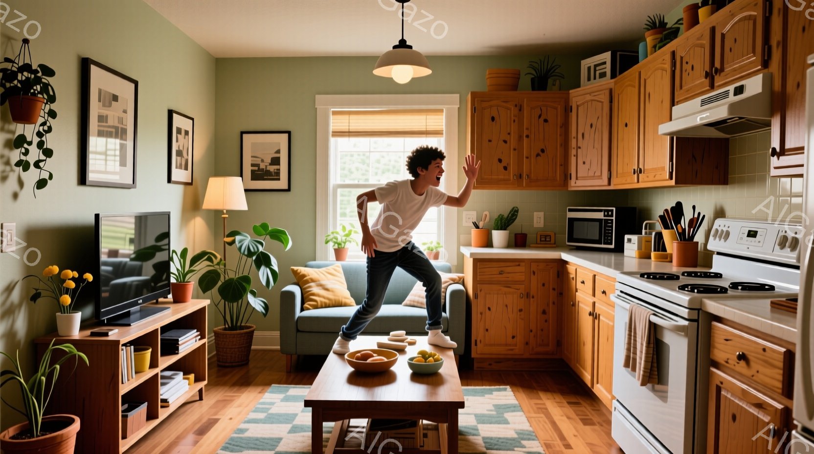 若い男性がリビングルームのコーヒーテーブルの上で飛び跳ねています。彼は白いTシャツと水色の短いズボンを身につけ、髪は短く、顔は笑顔で活気に満ちています。背景には木製のキャビネットと家電製品のあるキッチン、観葉植物が置かれた窓辺、そして明るい木製の床が見え、全体的に暖かい家庭的な雰囲気です。