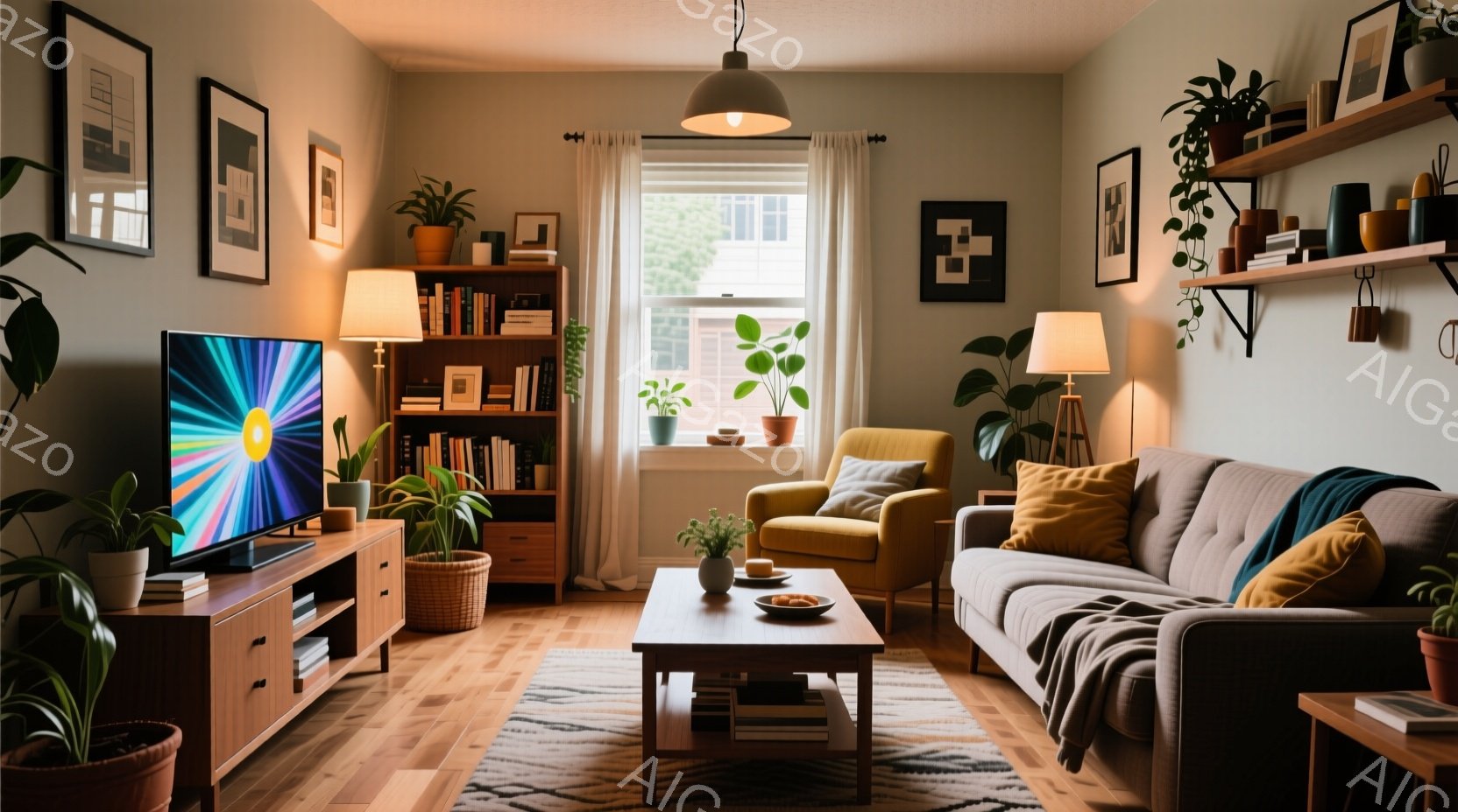 居心地の良いリビングルームには、木製のテレビ台とソファ、そして明るい黄色の椅子が配置されています。部屋には観葉植物が数多く飾られており、壁にはアートワークが掛けられ、暖かくリラックスした雰囲気を醸し出 - AI生成フリー素材