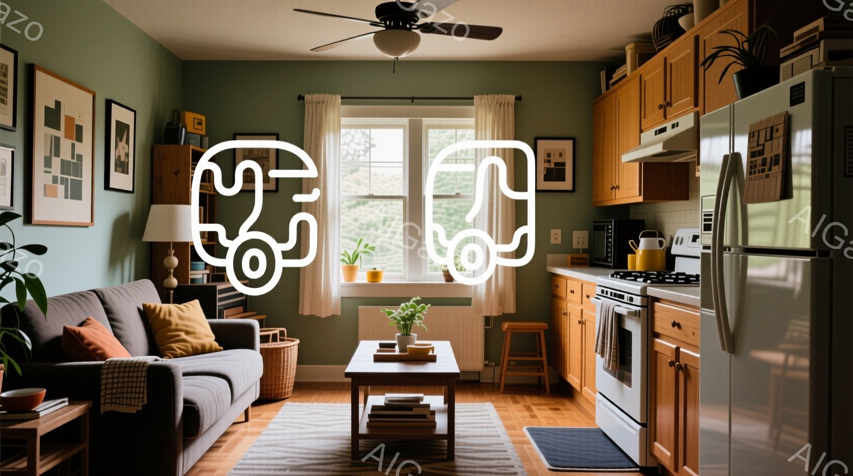 落ち着いた緑色の壁に囲まれたリビングとキッチンが一体になった部屋です。茶色とオレンジのクッションが置かれた灰色のソファ、木製のコーヒーテーブル、そして窓からの自然光が暖かく快適な雰囲気を醸し出しています。キッチンには木製のキャビネットとステンレス製の電化製品があり、室内にはいくつかの植物が置かれ、自然との繋がりを感じさせます。