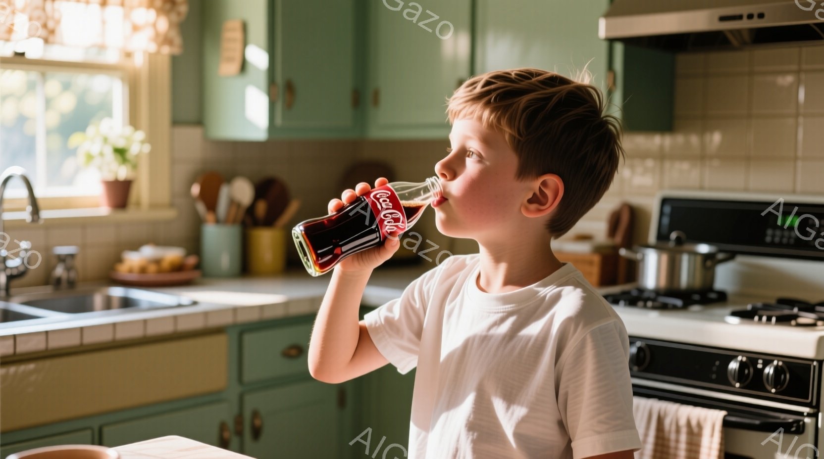 少年はキッチンでコーラのボトルを傾け、美味しそうに飲んでいます。彼は白いTシャツを着ており、少し癖のある茶色の髪をしています。背景には、レトロな緑色のキャビネットやステンレス製の家電、そして明るい光が差し込むキッチンが広がっています。