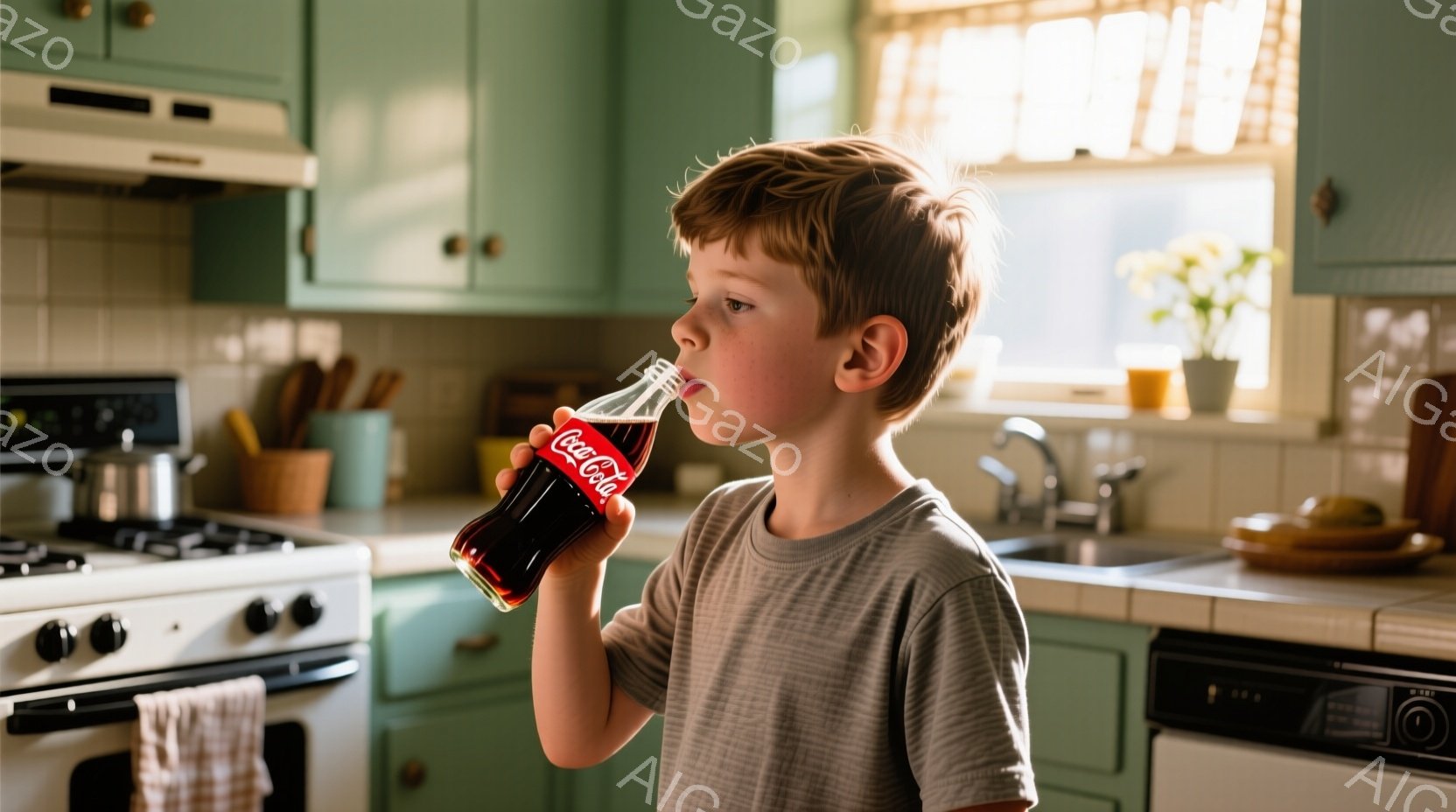 赤毛の少年がコカ・コーラのボトルから飲み物を飲んでいる様子が写っています。グレーのTシャツを着ており、横顔からはリラックスした表情がうかがえます。背景は、レトロな緑色のキッチンで、古い調理器具や自然光が差し込む窓が見え、懐かしい雰囲気を醸し出しています。