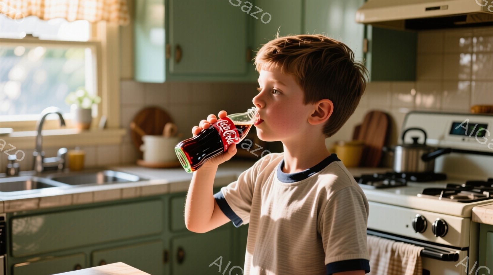 少年はクリーム色の縁取りのあるベージュのTシャツを着て、コカ・コーラのボトルを傾けて飲んでいます。彼は少し後ろを向いており、明るいキッチンで自然光が差し込んでいます。背景には、緑色のキャビネット、白いストーブ、そして窓から差し込む柔らかな光があり、懐かしい雰囲気を作り出しています。