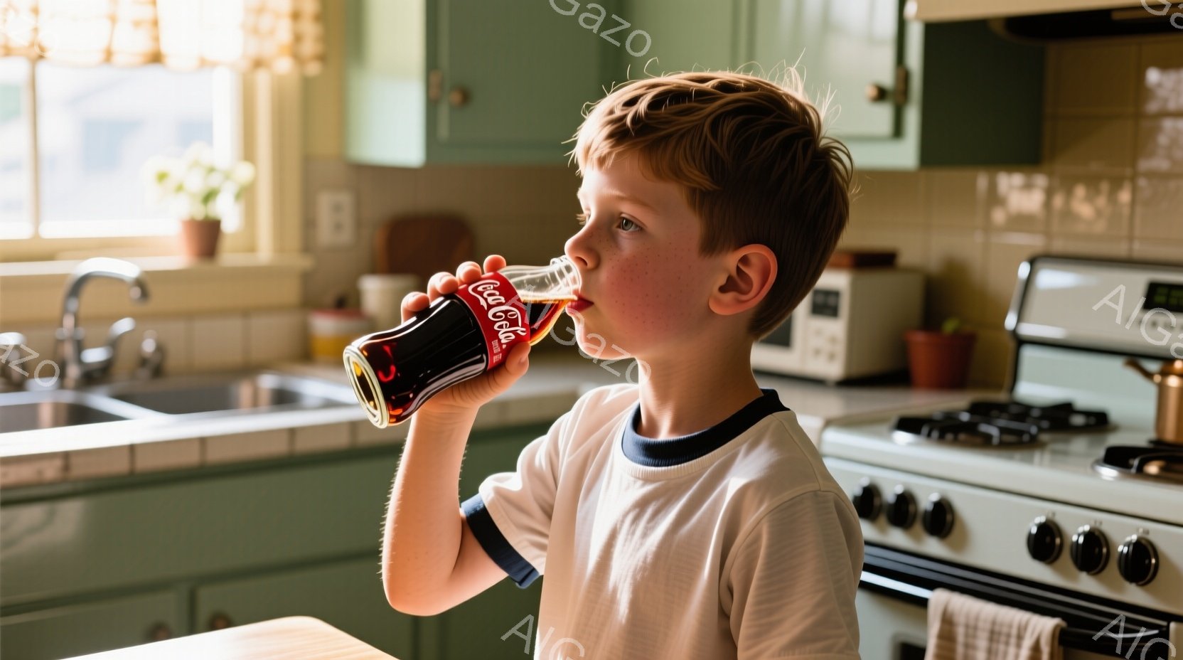 赤毛の少年がキッチンでコーラを飲んでいる。白いTシャツに青い縁取りがあり、少し無頓着なヘアスタイルで、真剣な表情で飲み物に集中している。背景には、レトロな緑色のキャビネット、白いストーブ、そして日の光が差し込むキッチンがある。