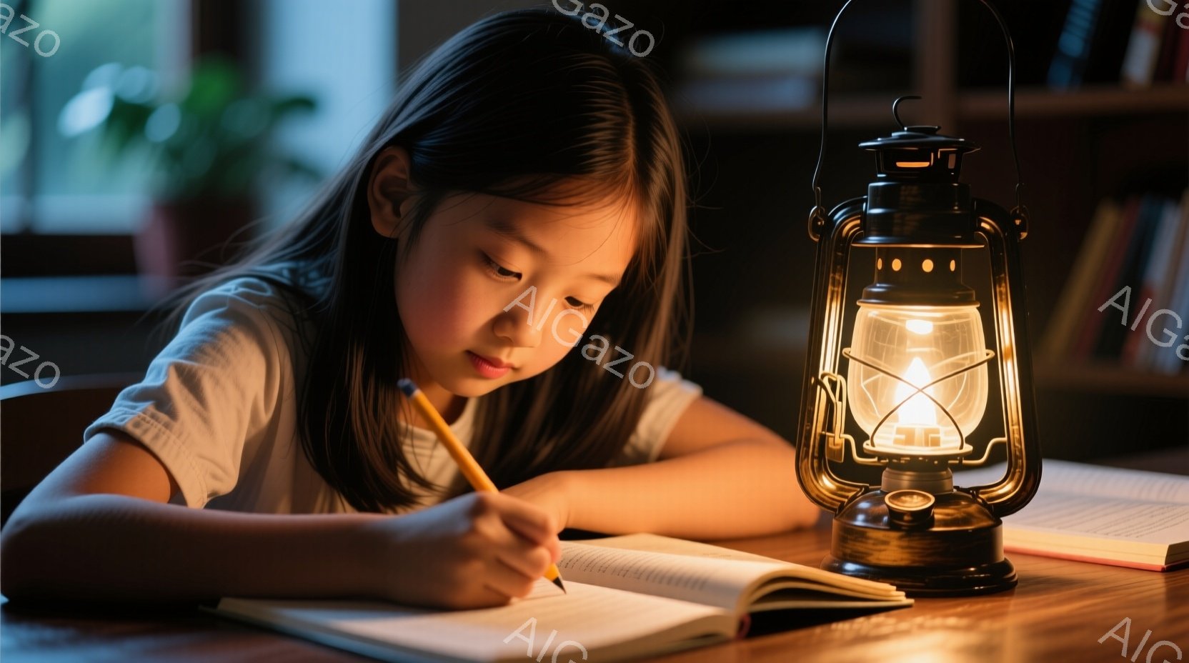 少女は机に向かい、集中してノートに鉛筆で書き込んでいます。彼女は白いTシャツを着ており、長い黒髪が肩にかかっています。背景には本棚がぼやけて見え、暖色の灯りが勉強する様子を照らし、落ち着いた雰囲気を作り出しています。