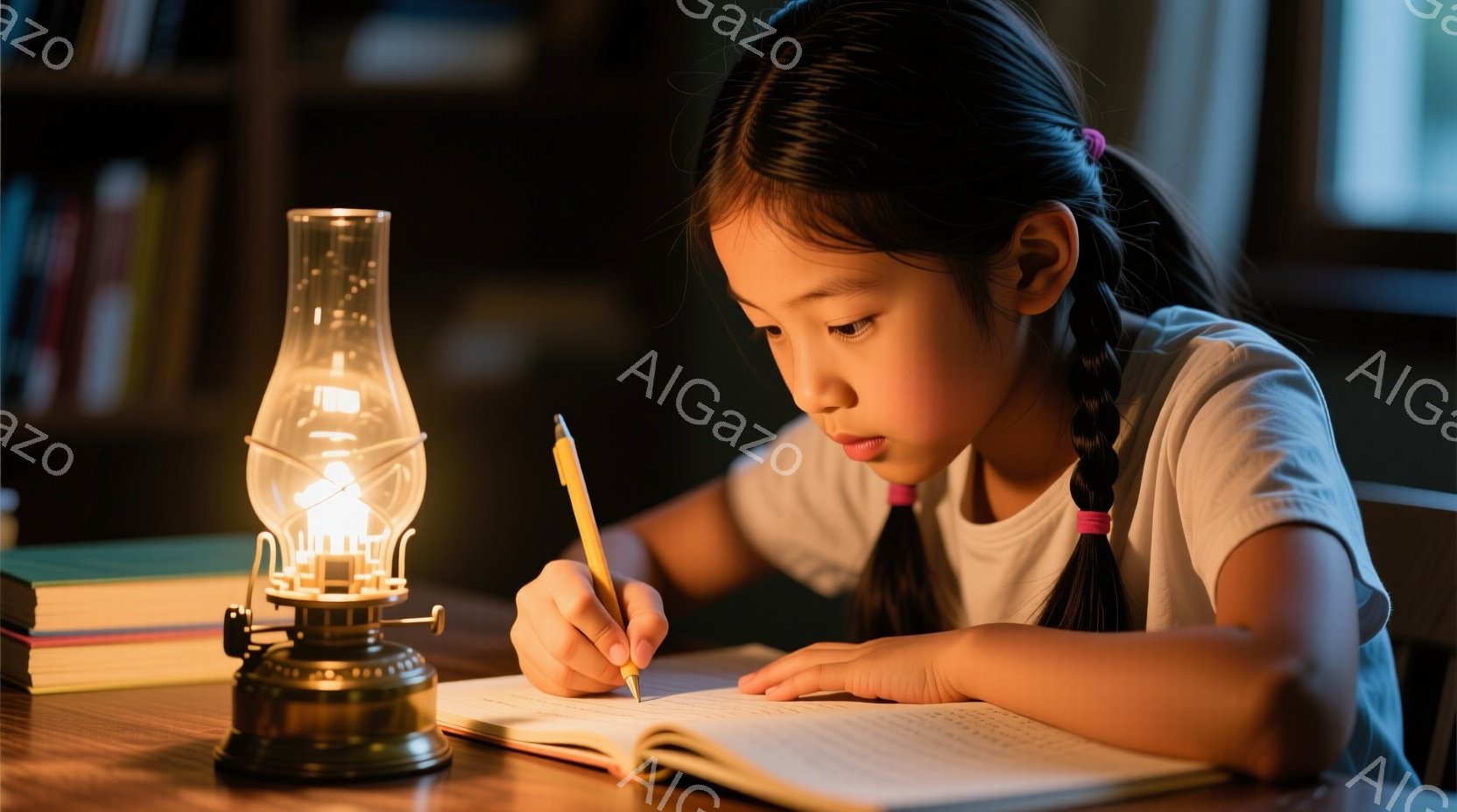 茶髪の少女が、開いたノートに向かって集中して鉛筆で書き込みをしている。彼女は白いTシャツを着ており、髪は二つに分けて編み込まれている。背景には本棚と、柔らかい光を放つオイルランプが置かれ、室内は落ち着いた雰囲気で、勉強に励む少女の姿が印象的だ。