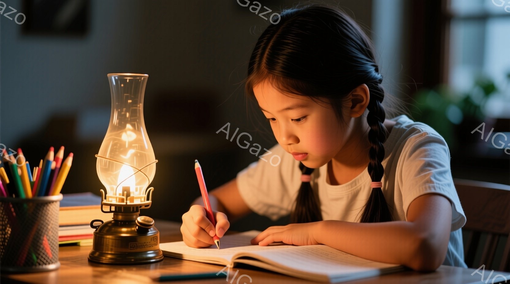 少女は机に向かい、集中して何かを書いている。彼女は短い袖の白いシャツを着ており、髪は二つに結ばれている。机の上にはランプ、鉛筆、そして開いたノートがあり、暖かく落ち着いた雰囲気が漂っている。