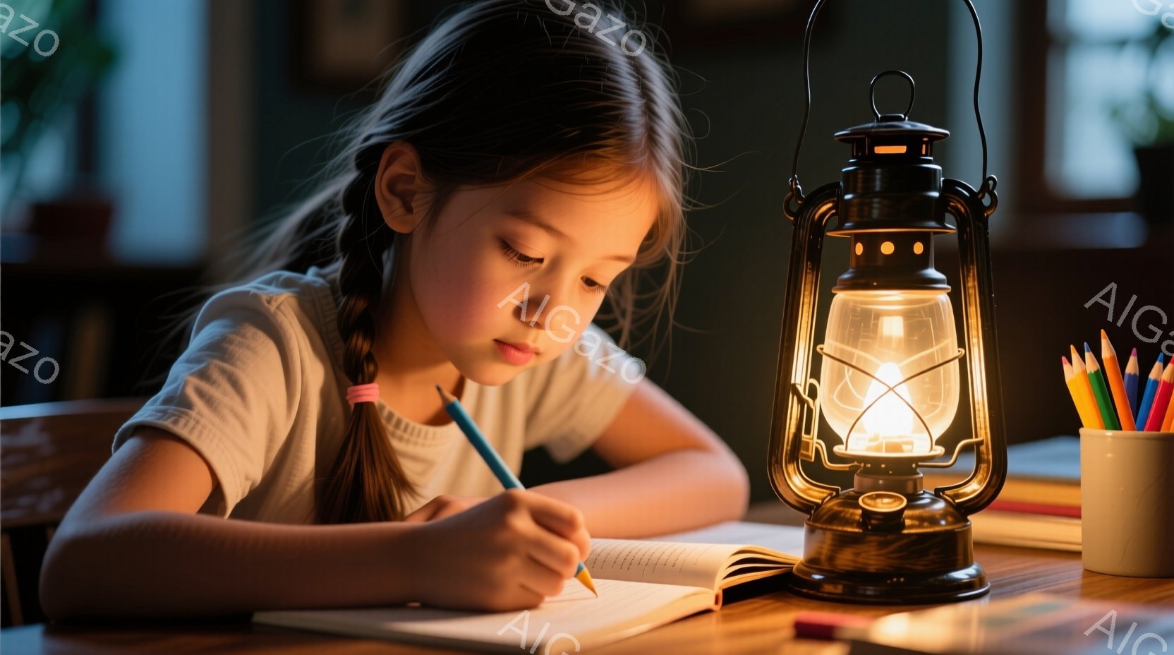 茶色の髪を二つに結んだ少女が、机に向かってノートに何かを書き込んでいる。集中した表情で、青い鉛筆を手にしている。背景には、暖かく光るランプと、色鉛筆の入ったペン立てがあり、温かく落ち着いた雰囲気である。