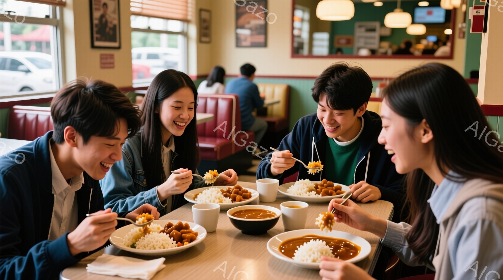 4人の若い男女が、カレーライスを囲んで楽しそうに食事をしている様子が写っている。彼らは皆、カジュアルな服装で、笑顔を浮かべ、リラックスした雰囲気である。背景には、アメリカ風のダイナーの内装と、窓の外には緑が見え、晴れた日らしい。