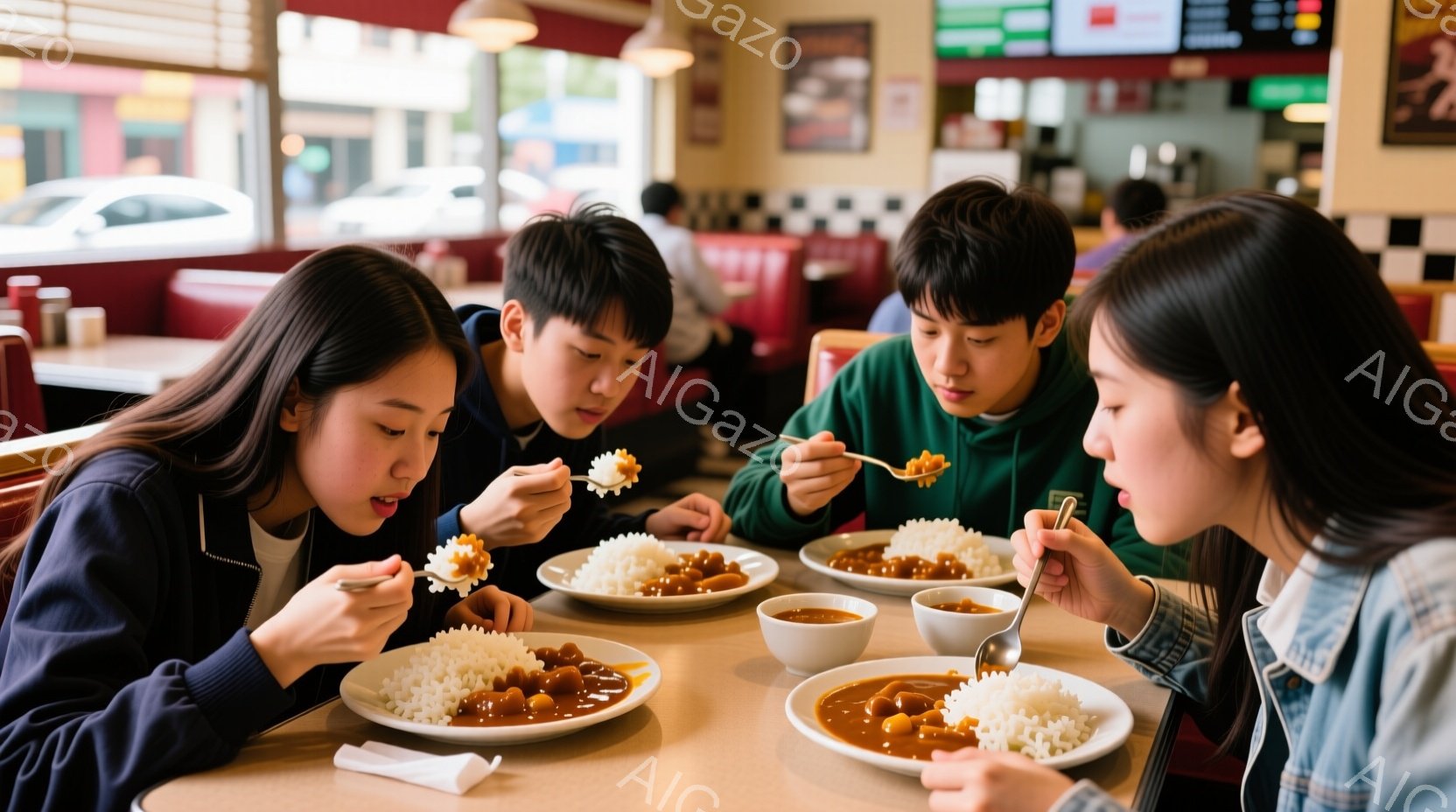 4人の若い女性と男性が、カレーライスを食べている写真です。皆、前かがみになり、真剣な表情で食事を楽しんでいます。背景には、窓から見える街並みや、アメリカンダイナーのような内装が見え、明るくカジュアルな雰囲気です。
