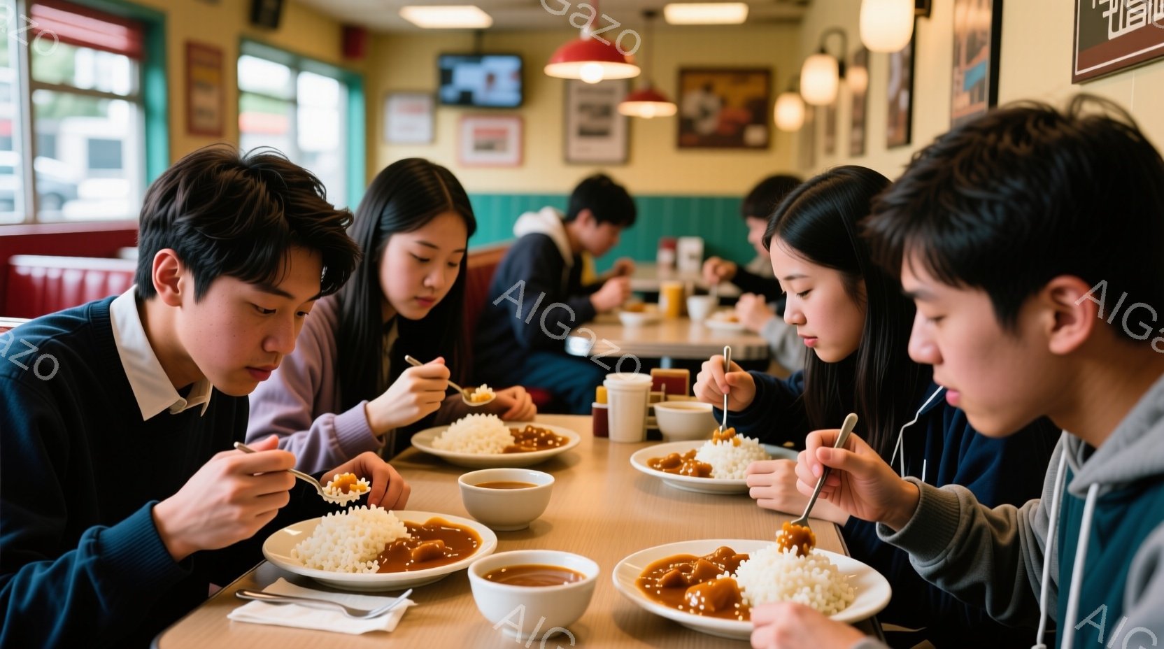 4人の若い人々が、カレーライスを食べている様子が写っている。彼らは皆、カジュアルな服装で、集中して食事を楽しんでいる。背景には、窓から差し込む光と、他の客や店内の様子が見え、活気のある雰囲気を感じさせる。